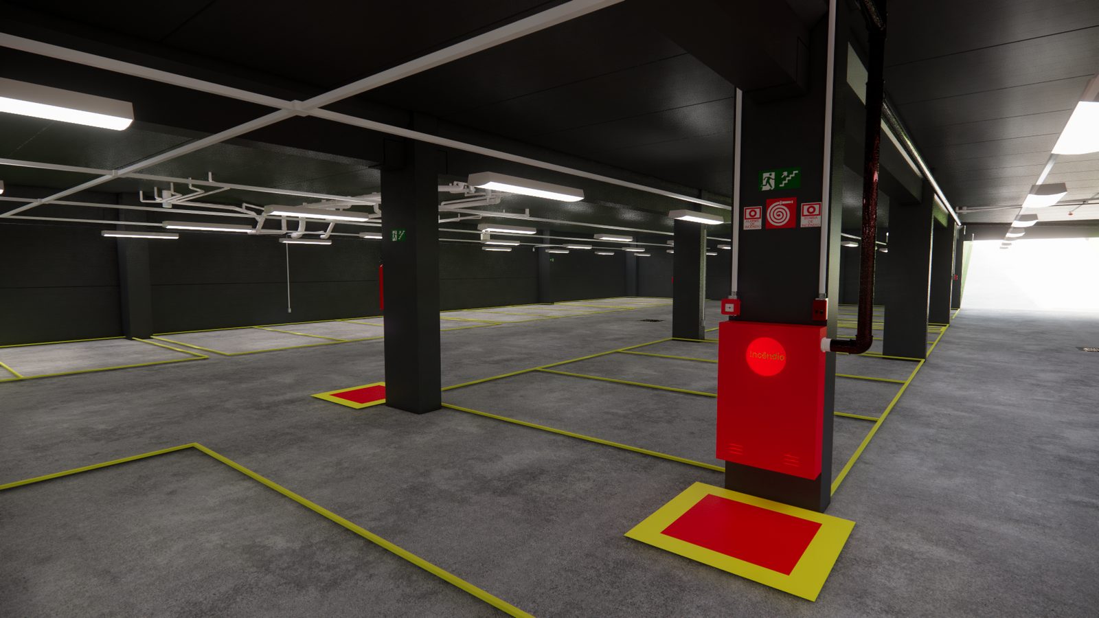 Render BIM de garagem com sinalização